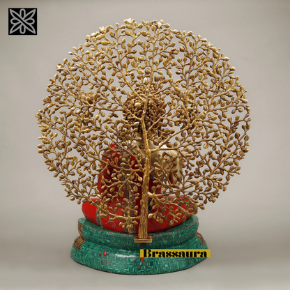 Brassaura™ Brass Buddha Statue under Kalpavriksha Tree – Height 29 Inches | Weight 31.98 Kgs | Meenakari Stonework