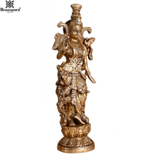 Brassaura® Lord Krishna Standing Idol with Polished Finish | Pure Superfine Brass Handcrafted Murti | Brass Statue for Home Temple, Pooja Room | Height 14 Inches | Weight 3.4 Kgs