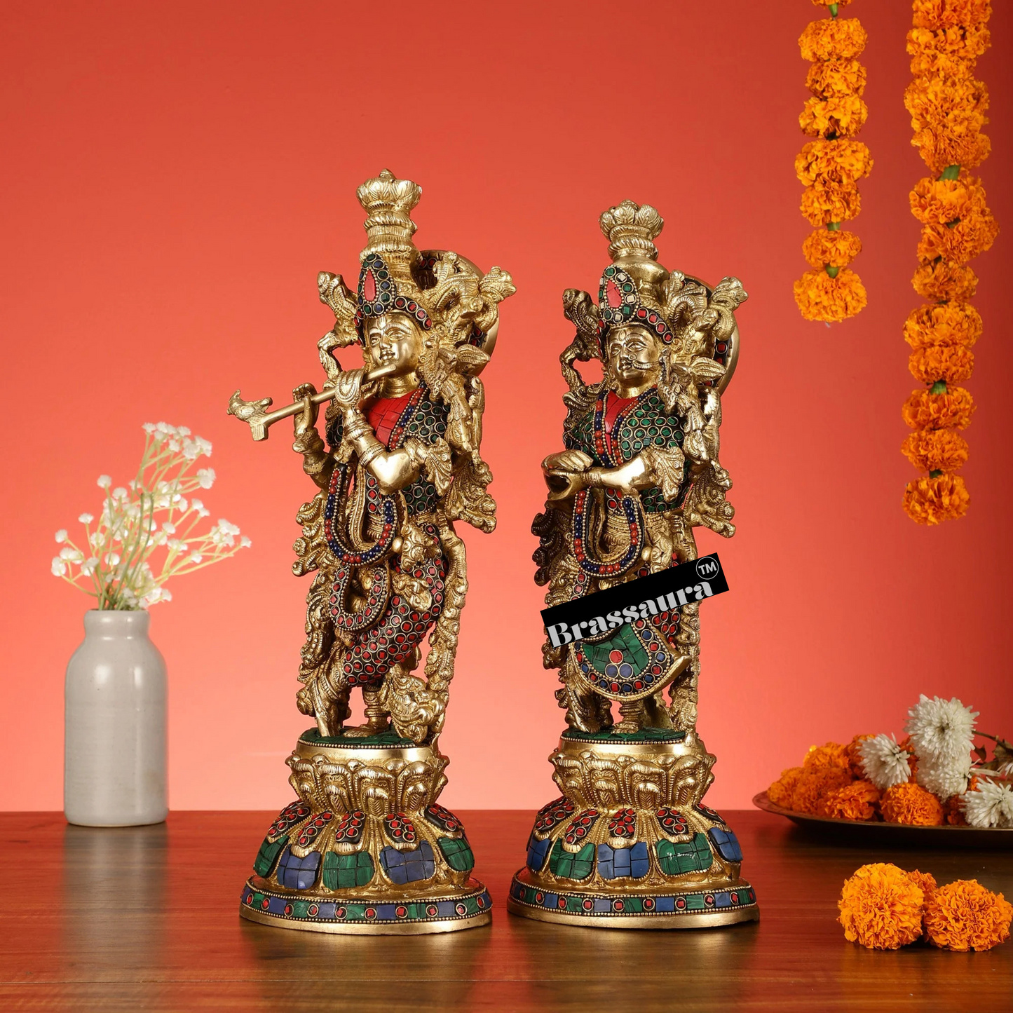 Brassaura™ Brass Radha Krishna Idol Pair with Multicolored Meenakari – Height 15 Inches & Weight 10 Kgs | Elegant Devotional Statue