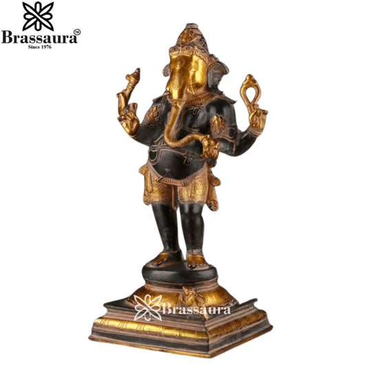 ब्रस्सौरा® अद्वितीय नृत्य गणेश पीतल प्रतिमा | काला और सुनहरा दोहरा रंग | ऊंचाई 24 इंच