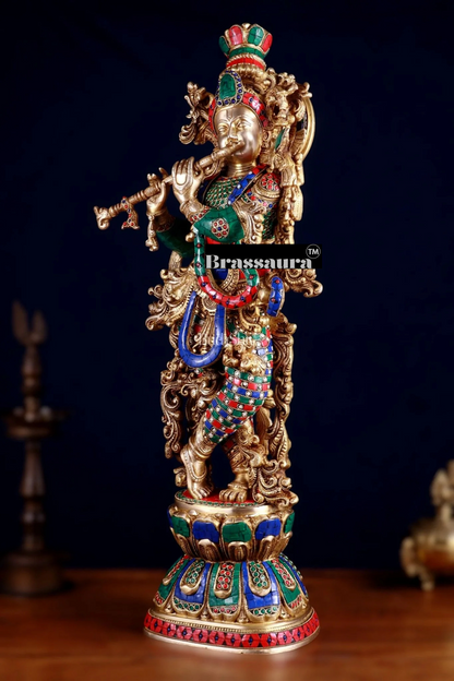 Brassaura™ Brass Krishna Playing Flute Statue with Stonework – Height 29 Inches & Weight 20 Kgs