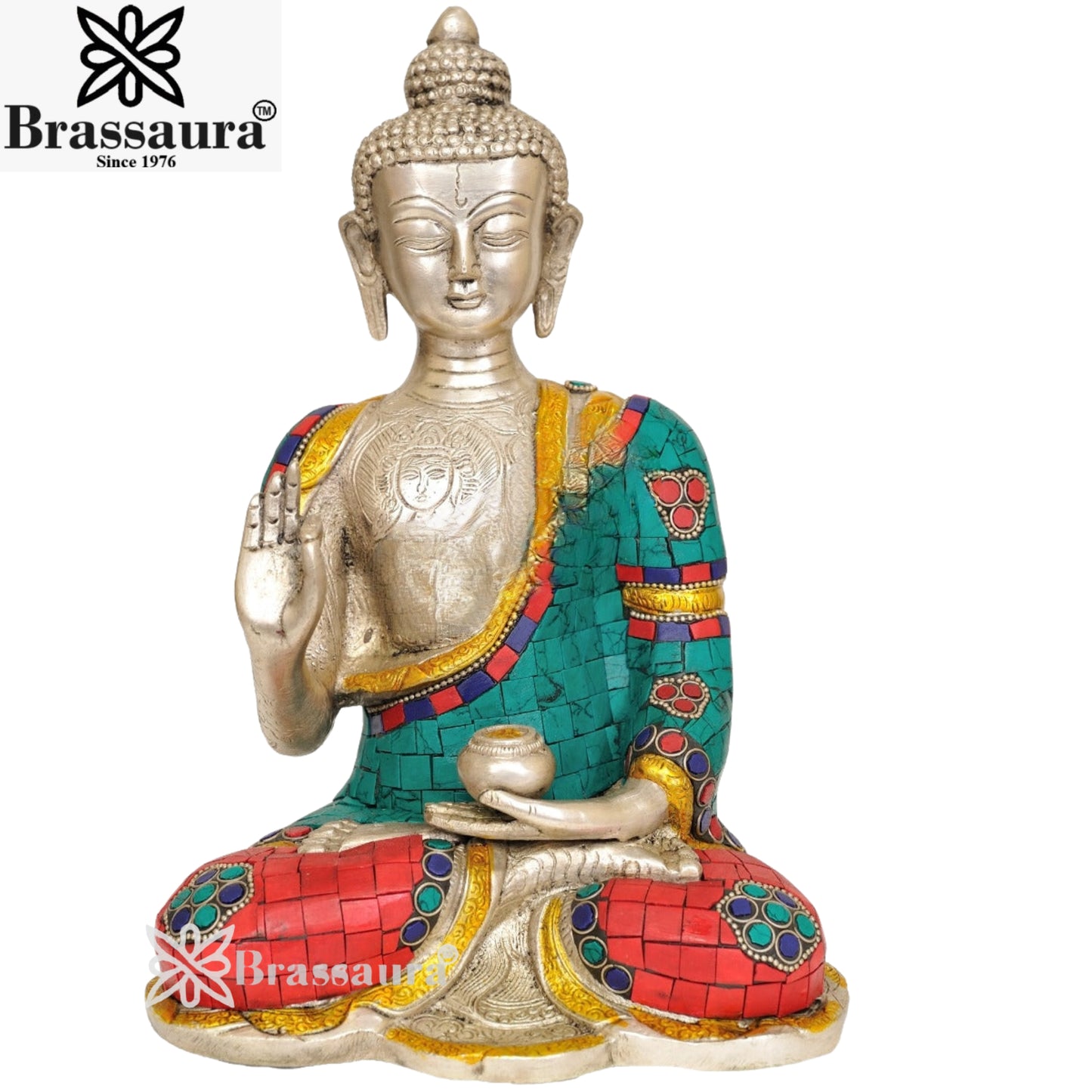 Brass Blessing Gem Stone Work Buddha Weight 4 Kg & Height 10 Inch