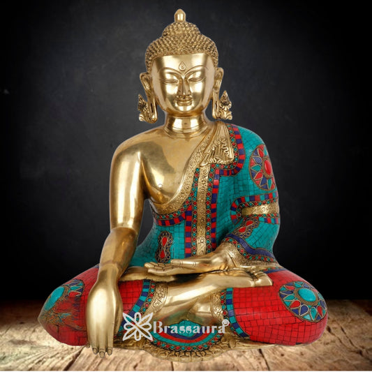 Brass Bhumisprasa Gem Stone Work Buddha Weight 29 kg & Height 25 Inch