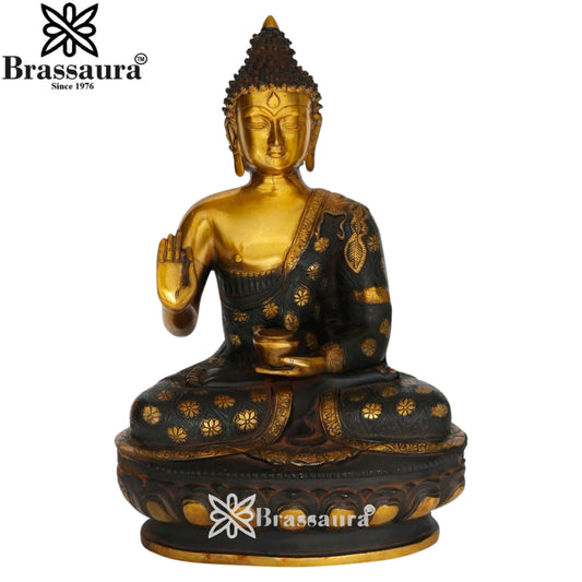 Brassaura® Buddha Sitting in Blessing Mudra Idol with Antique Black & Gold Finish and Base | Pure Superfine Brass Handcrafted Murti | Brass Statue for Home Temple, Pooja Room | Height 23 Inches | Weight 15 Kgs