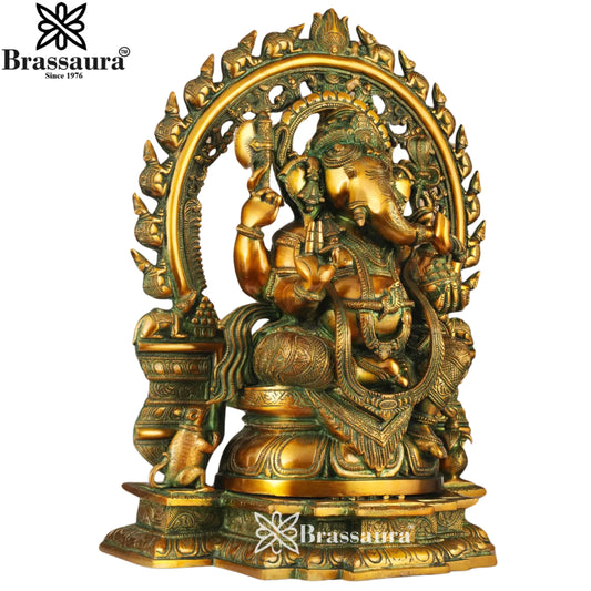 Brassaura® Exquisite Ganesha with Mushak Prabhavali | Vintage Finish Brass Idol | Height 19 Inches