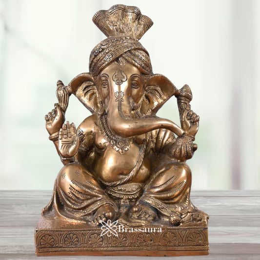 Brass Turban Ganesha Statue Weight 8.51 Kg & Height 12 Inch