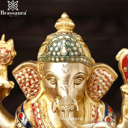 Brass Gem Stone Work Ganesha Weight 6.4 Kg & Height 12 Inch