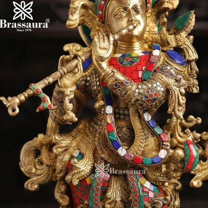 Brass Gem Stone Work Radha Krishna Murti Weight 37.62 Kg And Height 26 Inch
