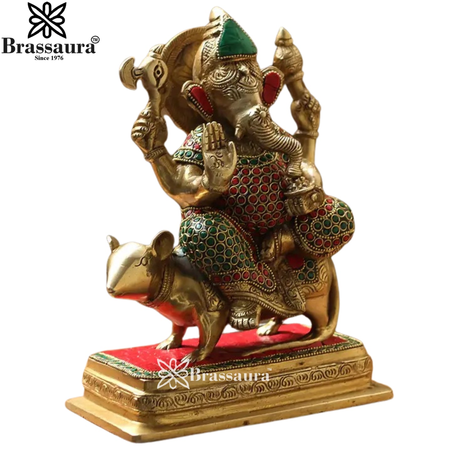 Brass Gem Stone Ganesha On Rat Statue Weight 4 Kg & Height 10 Inch