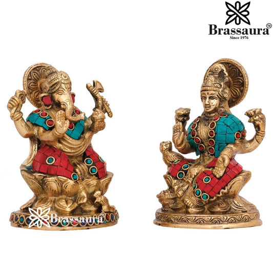 Brassaura® Lakshmi Ganesha Gemstone Brass Idol Set | Handcrafted Divine Blessing Murti | Height 5 Inches