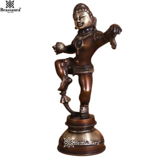 Brassaura® Bala Krishna Dancing Idol with Antique Dual Tone Finish | Pure Superfine Brass Handcrafted Murti | Brass Statue for Home Temple, Pooja Room | Height 11 Inches | Weight 3.15 Kgs