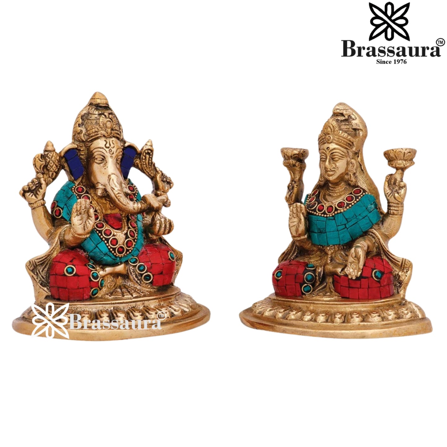 Brass Gem Stone Work Lakshmi Ganesh Weight 2.5 kg & Height 6 Inch