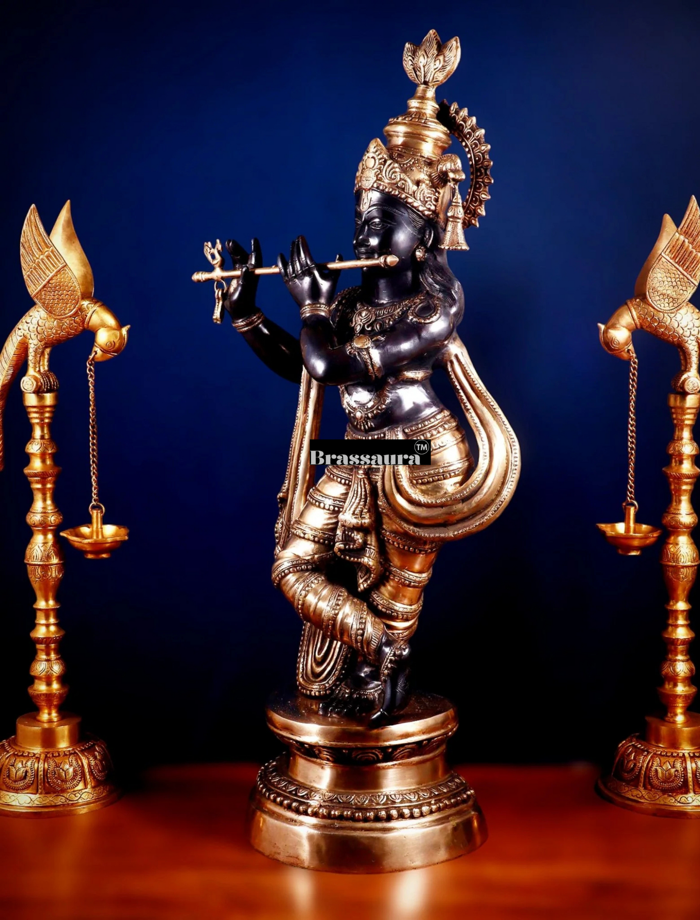 Brassaura™ Large Lord Krishna Brass Statue – Height 36" | Weight 22 Kgs | Black & Golden Finish