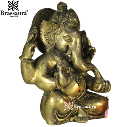 Brassaura® Blessing Ganesha Seated Brass Idol | Traditional Handcrafted Design | Height 7 Inches
