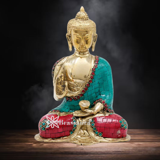 Brass Blessing Gem Stone Work Buddha Weight 2.3 kg & Height 9 Inch
