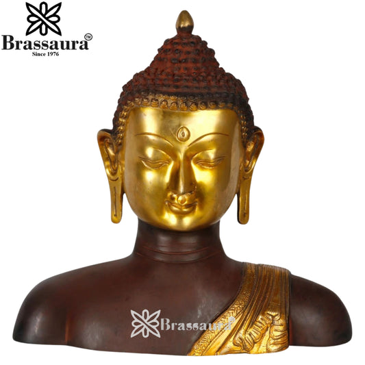 Brassaura® Buddha Bust Decorative Statue with Antique Brown & Gold Finish | Pure Superfine Brass Handcrafted Murti | Brass Statue for Home Temple, Pooja Room | Height 14 Inches | Weight 10.5 Kgs