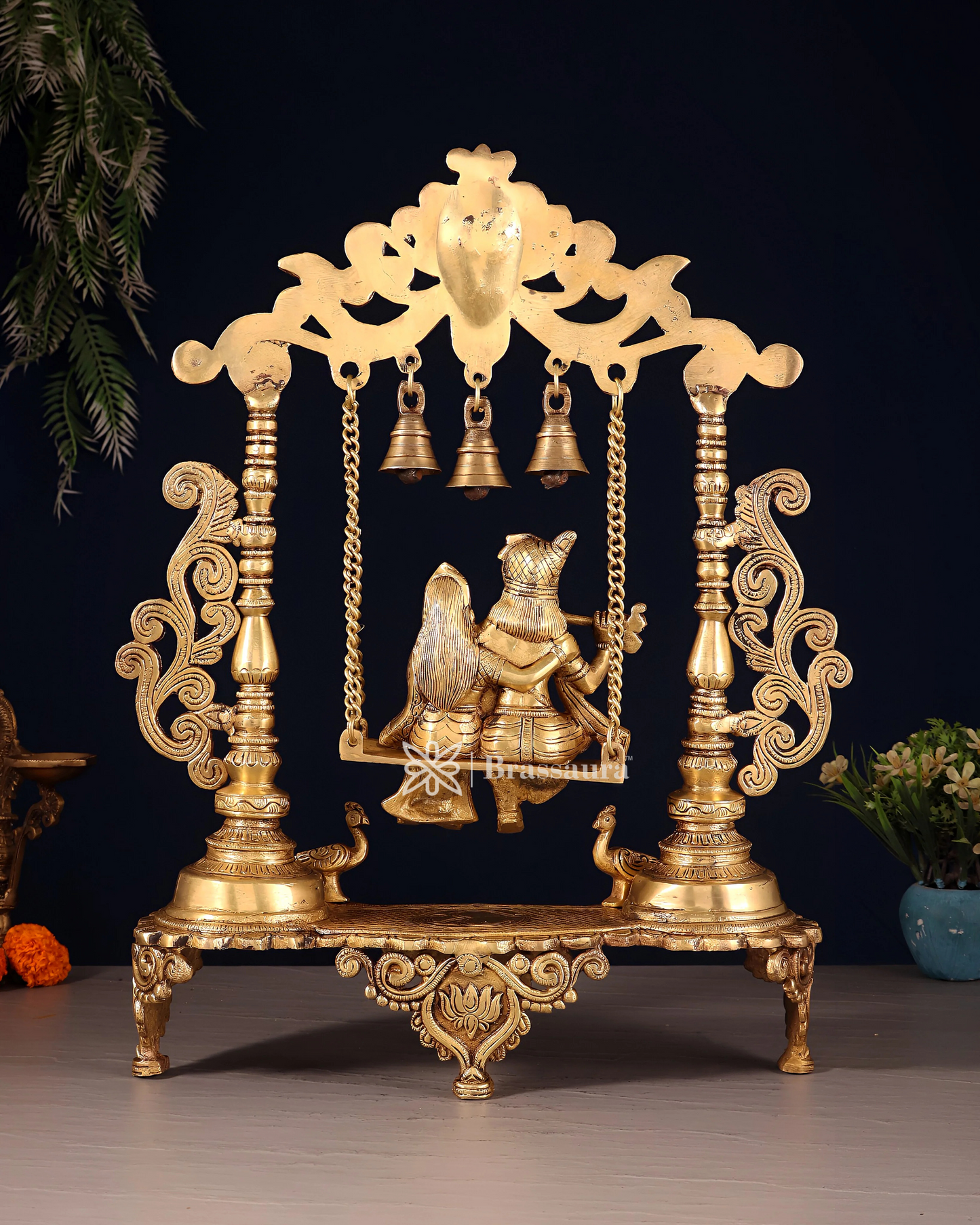 Brassaura™ Majestic Brass Radha Krishna Swing Idol with Peacocks – Height 20 Inches & Weight 7.5 Kgs | Antique Finish Devotional Statue