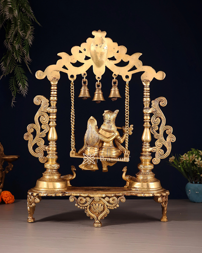 Brassaura™ Majestic Brass Radha Krishna Swing Idol with Peacocks – Height 20 Inches & Weight 7.5 Kgs | Antique Finish Devotional Statue