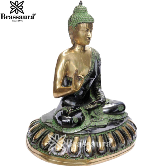 Brassaura® Lord Buddha Meditation Statue in Abhaya Mudra with Antique Black & Green Finish | Pure Superfine Brass Handcrafted Murti | Brass Statue for Home Temple, Pooja Room | Height 28 Inches | Weight 33 Kgs