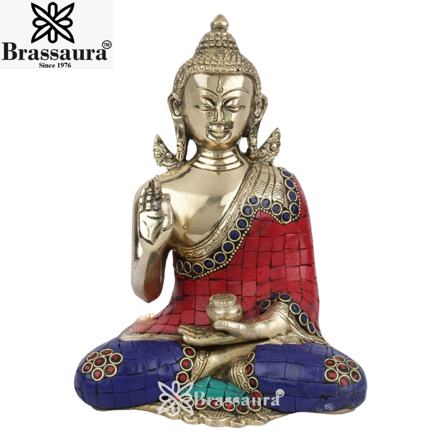 Brass Blessing Gem Stone Work Buddha Weight 7.5 kg & Height 2.4 Inch