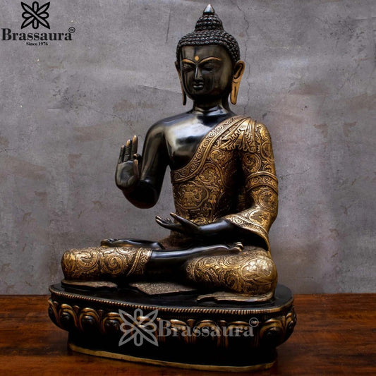 Brassaura® Buddha Sitting in Blessing Mudra Idol with Antique Black & Gold Finish and Base | Pure Superfine Brass Handcrafted Murti | Brass Statue for Home Temple, Pooja Room | Height 22.5 Inches | Weight 23 Kgs