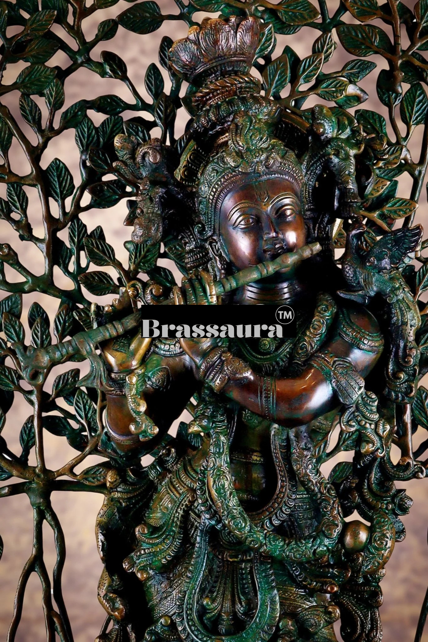 Brassaura™ Krishna Muralidhari Brass Idol – Height 35" | Weight 31 Kgs | Antique Gold Finish