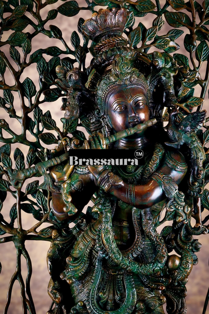 Brassaura™ Krishna Muralidhari Brass Idol – Height 35" | Weight 31 Kgs | Antique Gold Finish