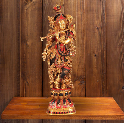 Brass Gem Stone Work Murli Dhari Krishna Murti Weight 16 Kg And Height 30 Inch