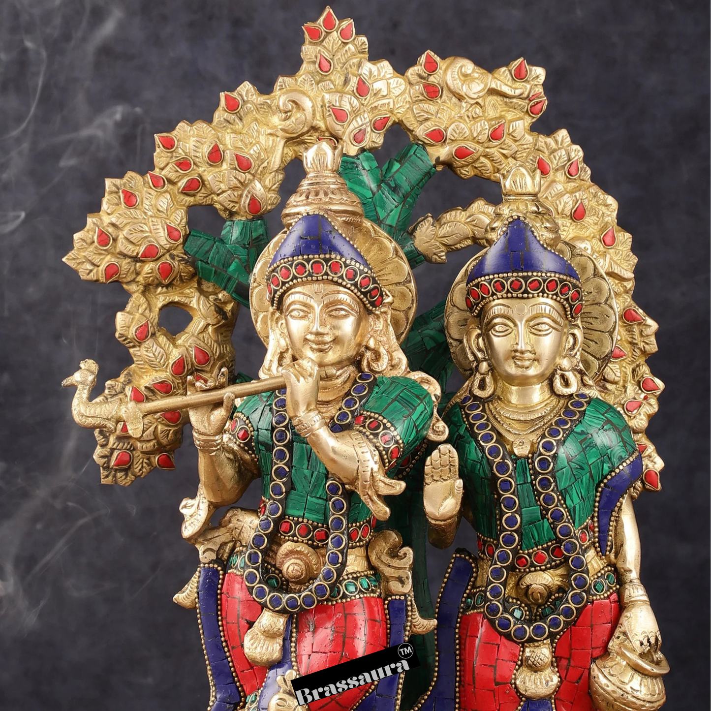 Brassaura™ Pure Superfine Brass Radha Krishna Idol Pair with Kalpavriksha & Peacock – Height 14 Inches & Weight 8.5 Kgs | Elegant Devotional Statue
