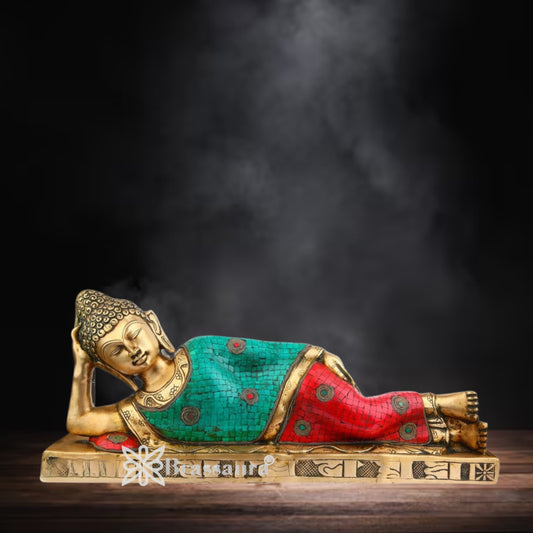 Brass Sleeping Gem Stone Work Buddha Weight 10 kg & Height 9 Inch