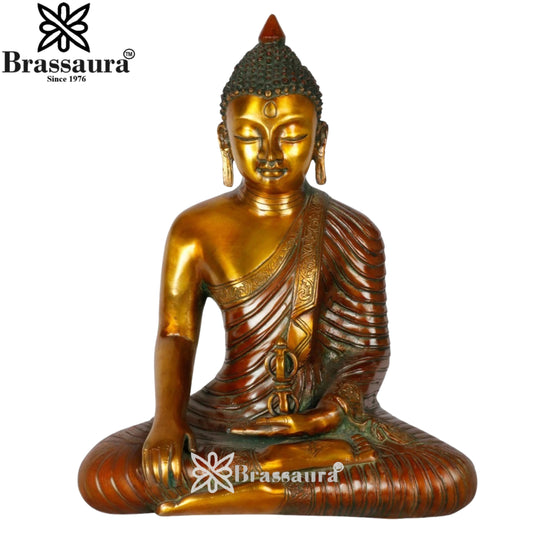 Brassaura® Buddha Bhumisparsha Mudra Sitting Idol with Antique Brown & Gold Finish | Pure Superfine Brass Handcrafted Murti | Brass Statue for Home Temple, Pooja Room | Height 13 Inches | Weight 6.5 Kgs