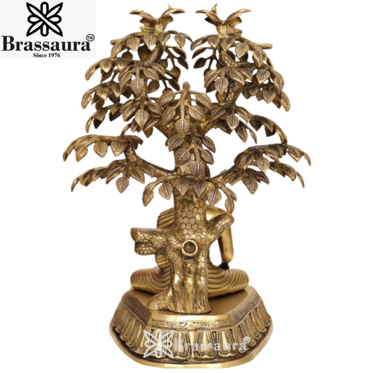 Brassaura® Buddha Sitting with Tree Idol with Antique Finish | Pure Superfine Brass Handcrafted Murti | Brass Statue for Home Temple, Pooja Room | Height 31 Inches | Weight 37 Kgs