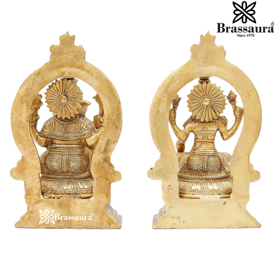 Brassaura® Lakshmi Ganesha Brass Idol Set with Decorative Arch | Handmade Brass Murti Pair | Height 11 Inches