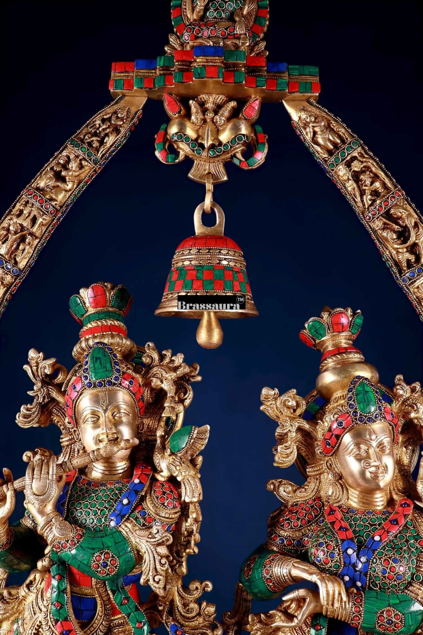 Brassaura™ Brass Radha Krishna Temple Arch with Krishna Leelas & Meenakari – Arch Height 45 Inches & Total Weight 70 Kgs | Elegant Devotional Masterpiece