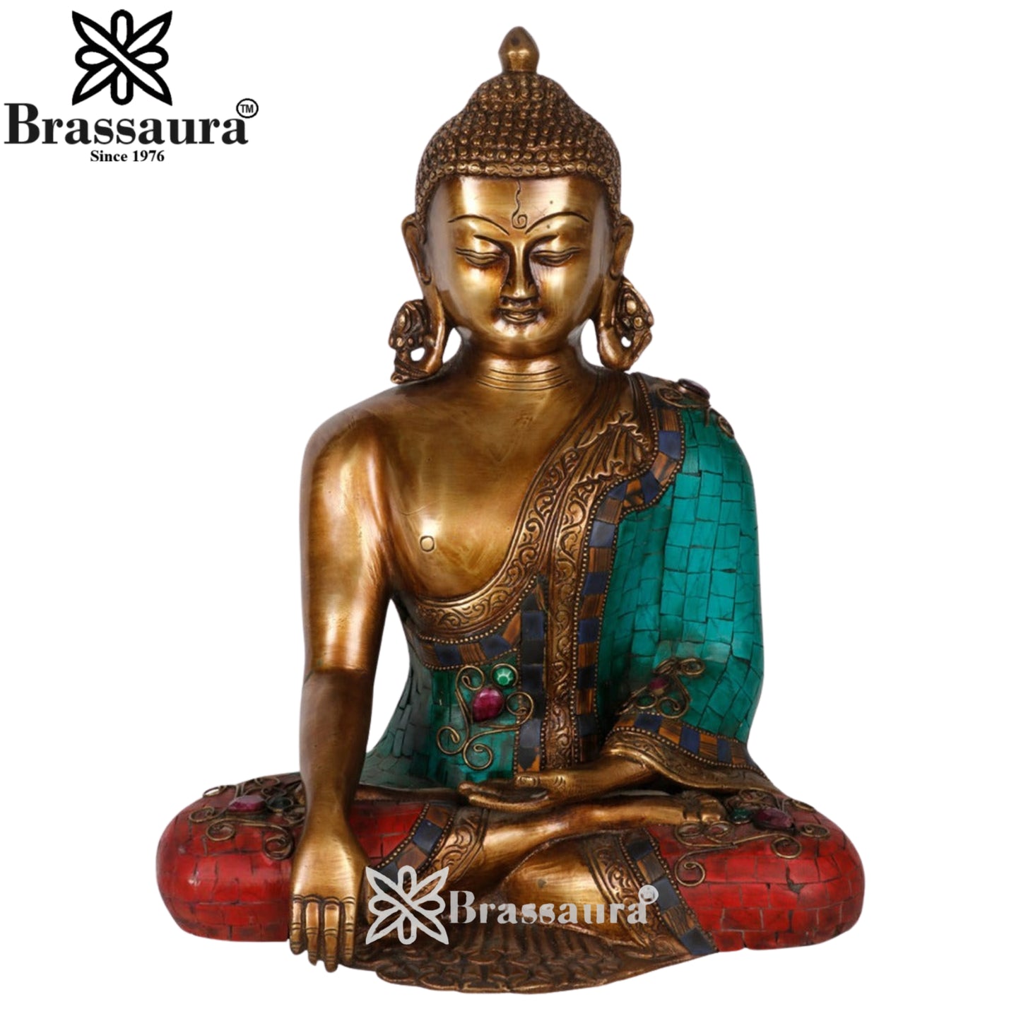 Brass Bhumisprasa Gem Stone Work Buddha Weight 6.5 kg & Height 12 Inch