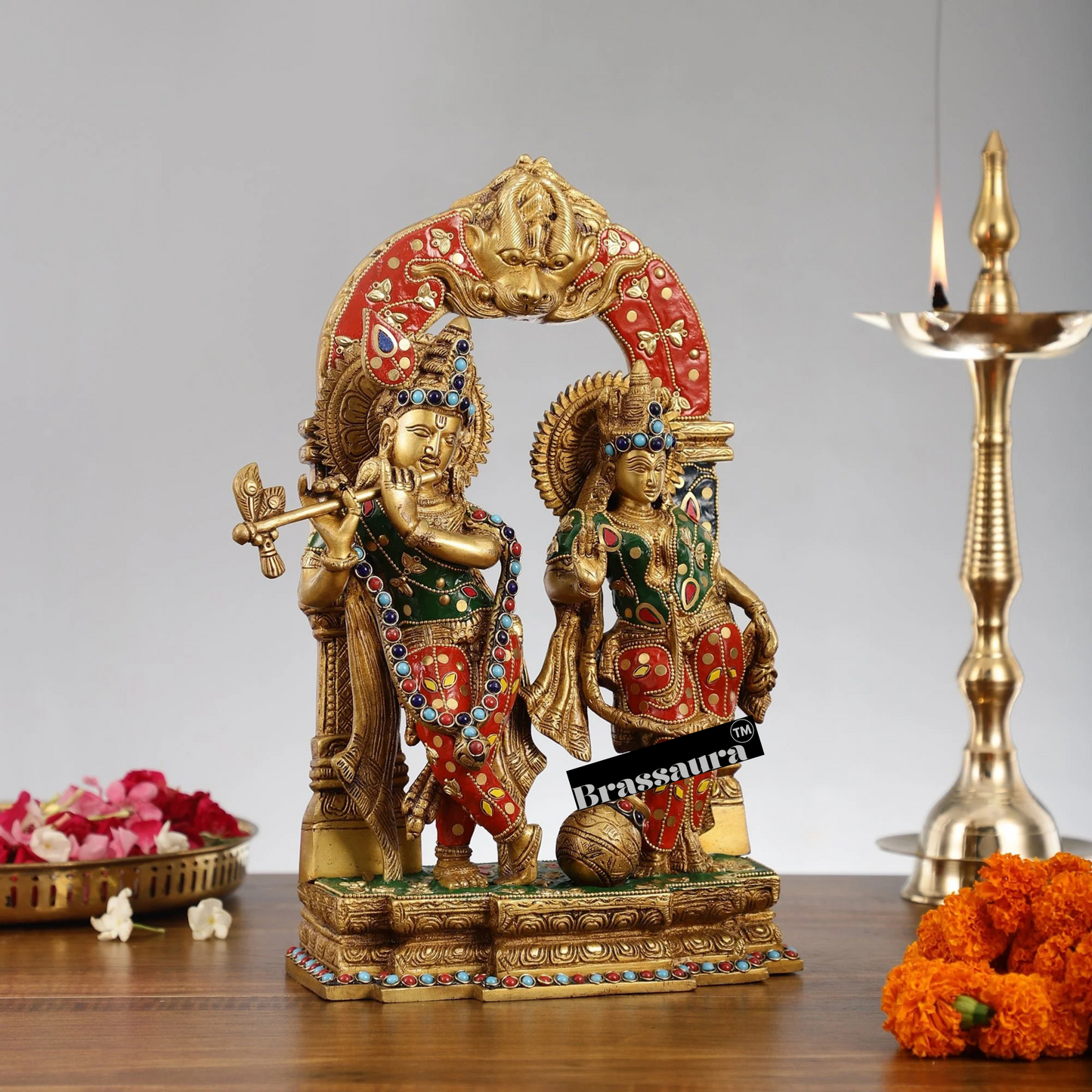 Brassaura™ Handcrafted Brass Radha Krishna Idol with Butter Pot & Yali Prabhavali – Height 14 Inches & Weight 7.5 Kgs | Devotional Statue