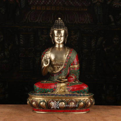 Brass Blessing Gem Stone Work Buddha Weight 11.2 kg & Height 17 Inch