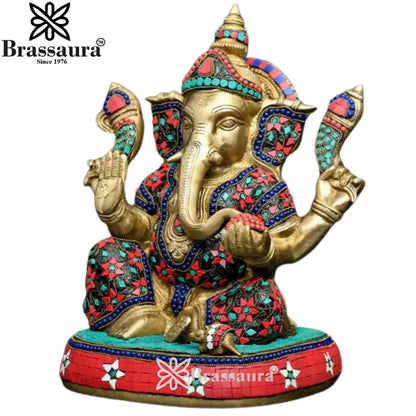 Brass Gem Stone Work Ganesha Statue Weight 11 Kg And Height 13.7 Inch