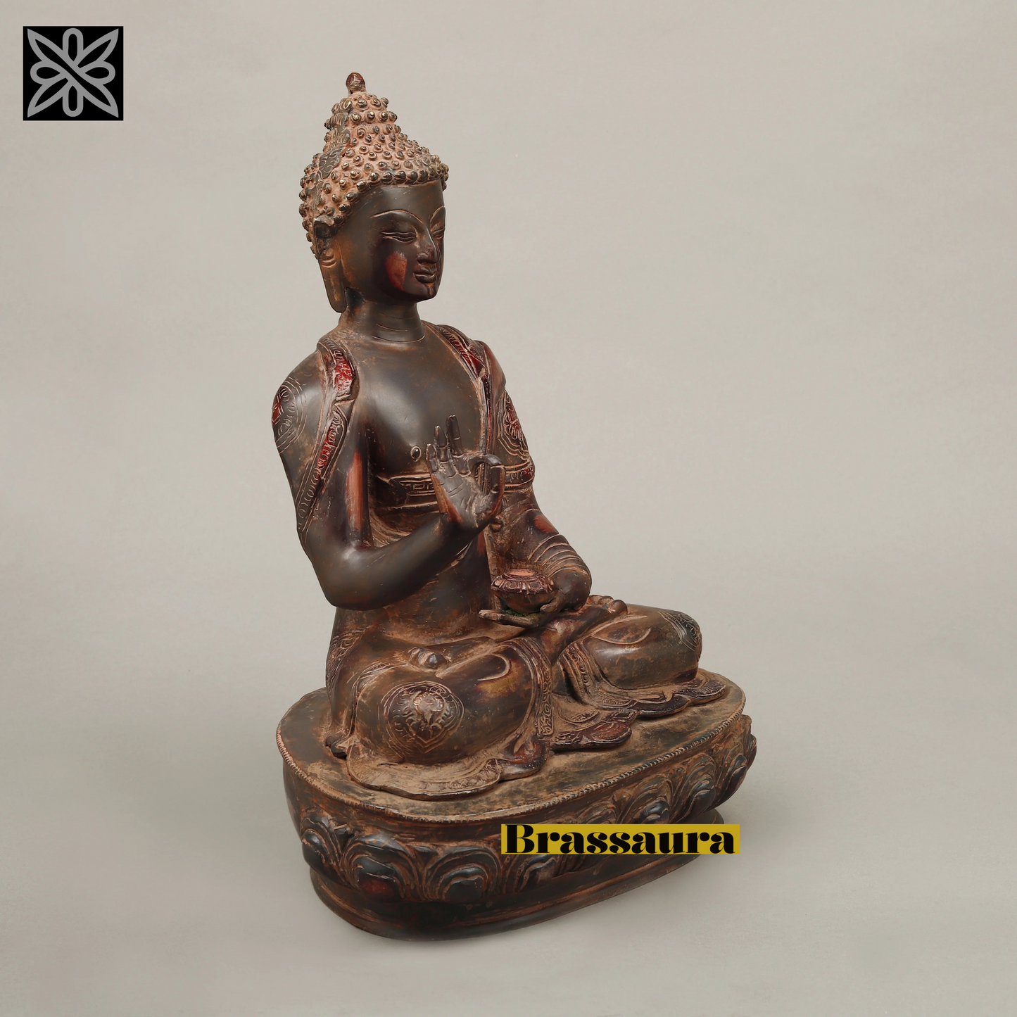 Brassaura™ Brass Buddha Statue in Blessing Posture – Height 17 Inches | Weight 9.88 Kgs | Copper Rustic Finish