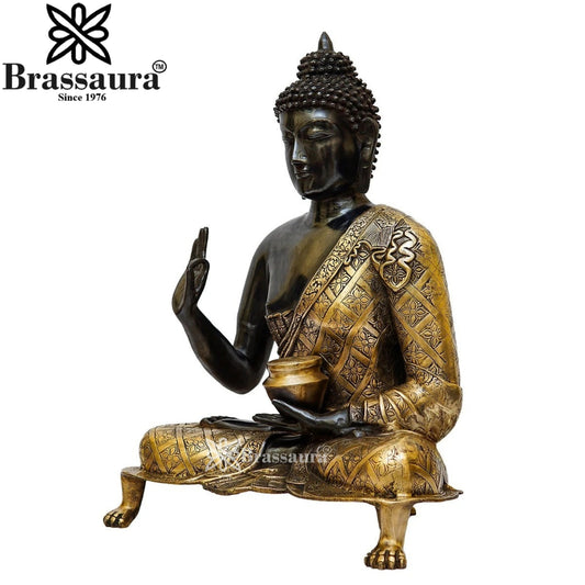 Brassaura® Buddha Sitting in Blessing Mudra Idol with Antique Black & Gold Finish and Raised Base | Pure Superfine Brass Handcrafted Murti | Brass Statue for Home Temple, Pooja Room | Height 25.5 Inches | Weight 21 Kgs