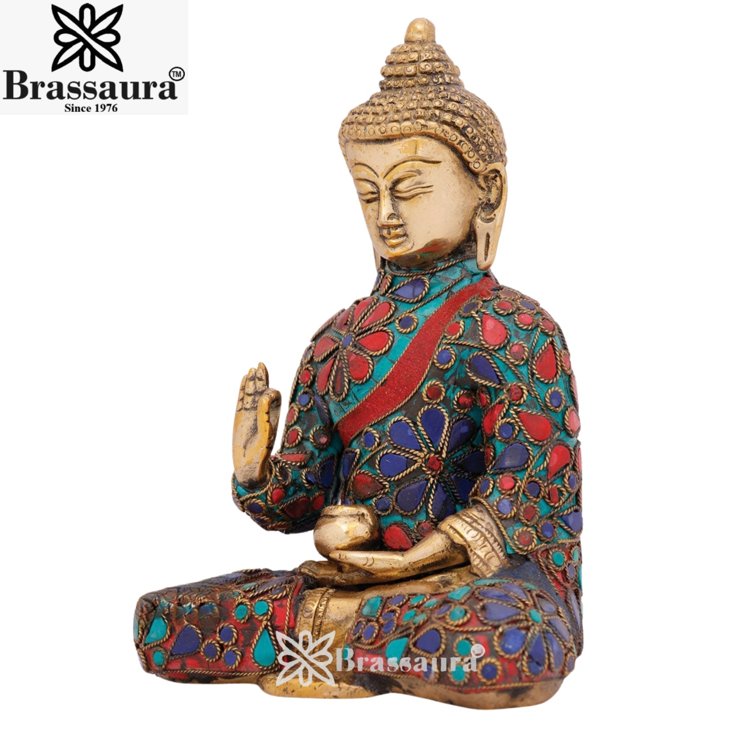 Brass Blessing Gem Stone Work Buddha Weight 2.2 kg & Height 7.5 Inch