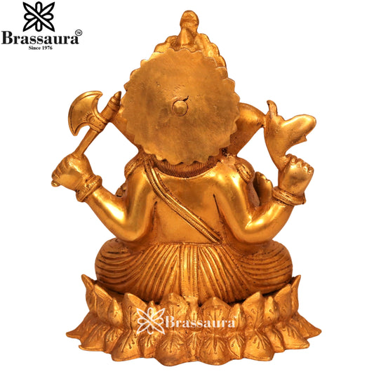 Brassaura® Golden Lord Ganesha Sitting on Sinhasan | Brass Idol | Height 9.5 Inches