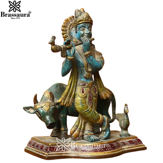 Brassaura® Lord Krishna Playing Flute with Sacred Cow Idol | Handcrafted Antique Finish Brass Murti | Brass Statue for Home Temple, Pooja Room & Living Room | Height 8 Inches | Weight 3.5 Kgs