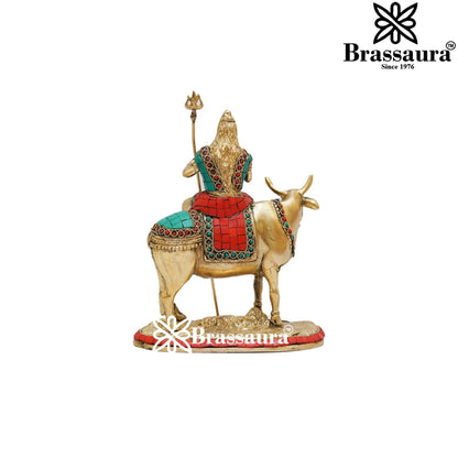 Brassaura™ Brass Gem Stone Work Shiva Sitting on Nandi , Height 9 Inches & Weight 3.4 Kgs