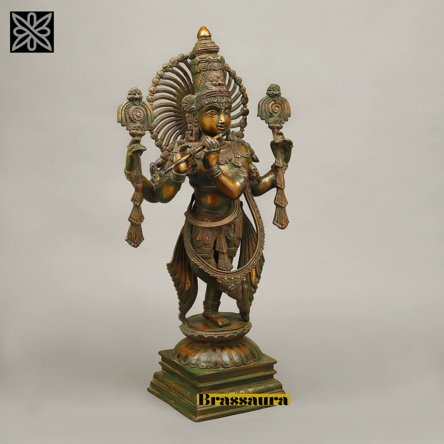 BrassAura™ Brass Krishna Playing Flute – Multi-Color Finish | Height 24 Inch | Weight 13.05 Kg