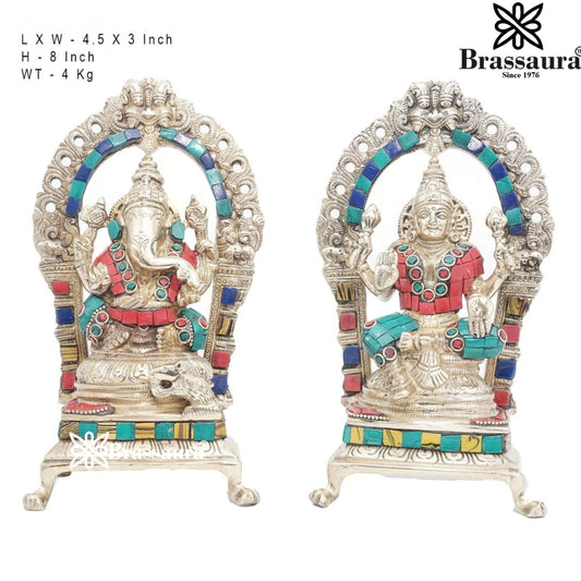 Brassaura® Lakshmi Ganesha Brass Idol Set | Traditional Temple Design Murti Pair | Height 8 Inches