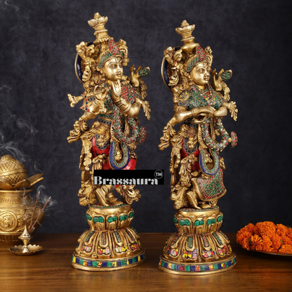 Brassaura™ Brass Radha Krishna Statues – 21 Inch Height, 18 Kg Pair | Handcrafted Indian Home Decor