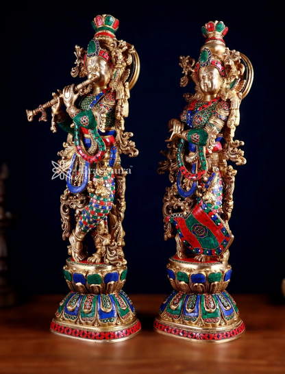 Brassaura™ Handcrafted Brass Radha Krishna Idol Pair with Meenakari – Height 29.5 & 29 Inches & Weight 33 Kgs | Elegant Devotional Statue
