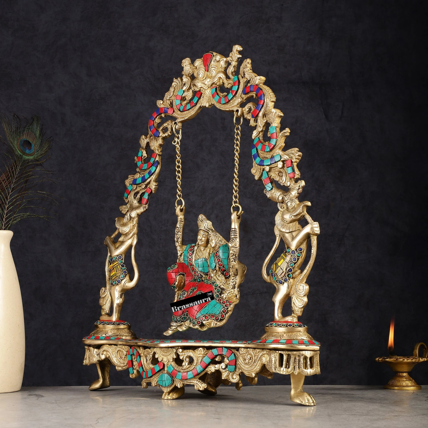Brassaura™ Brass Radha Krishna on Swing with Natural Stones & Brass Rings – Height 18 Inches & Weight 8 Kgs | Elegant Devotional Statue
