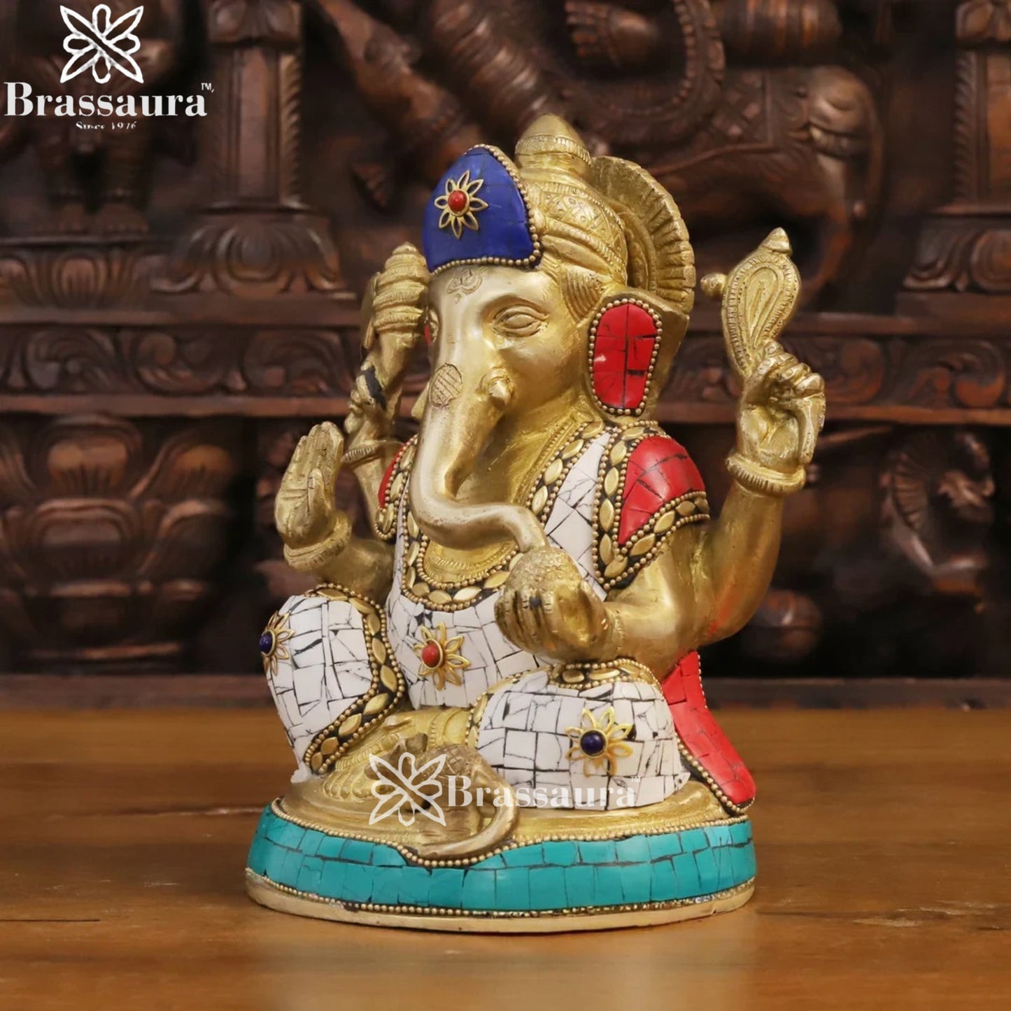 Brass Gem Stone Work Ganesha Weight 3.2 Kg & Height 8 Inch